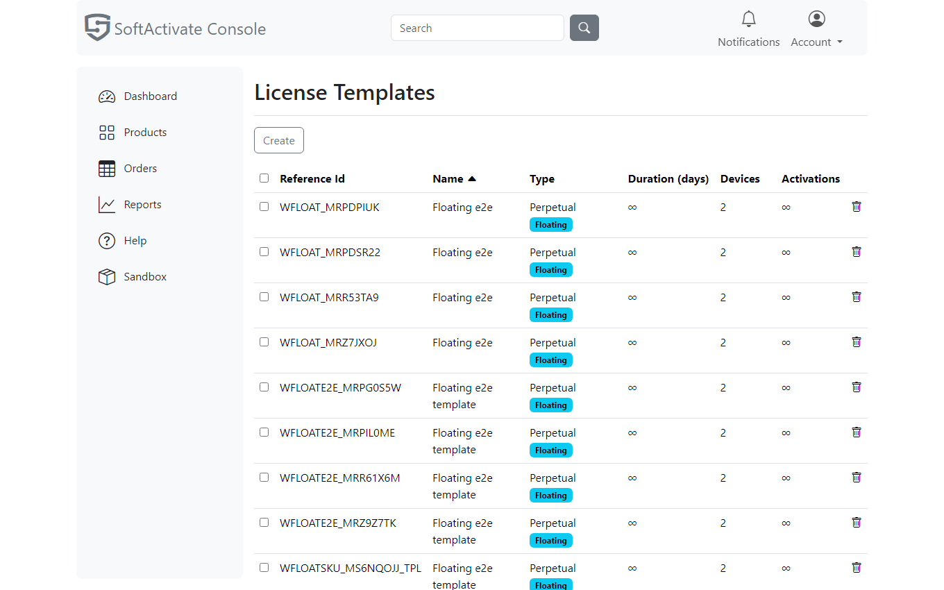 The license templates management page