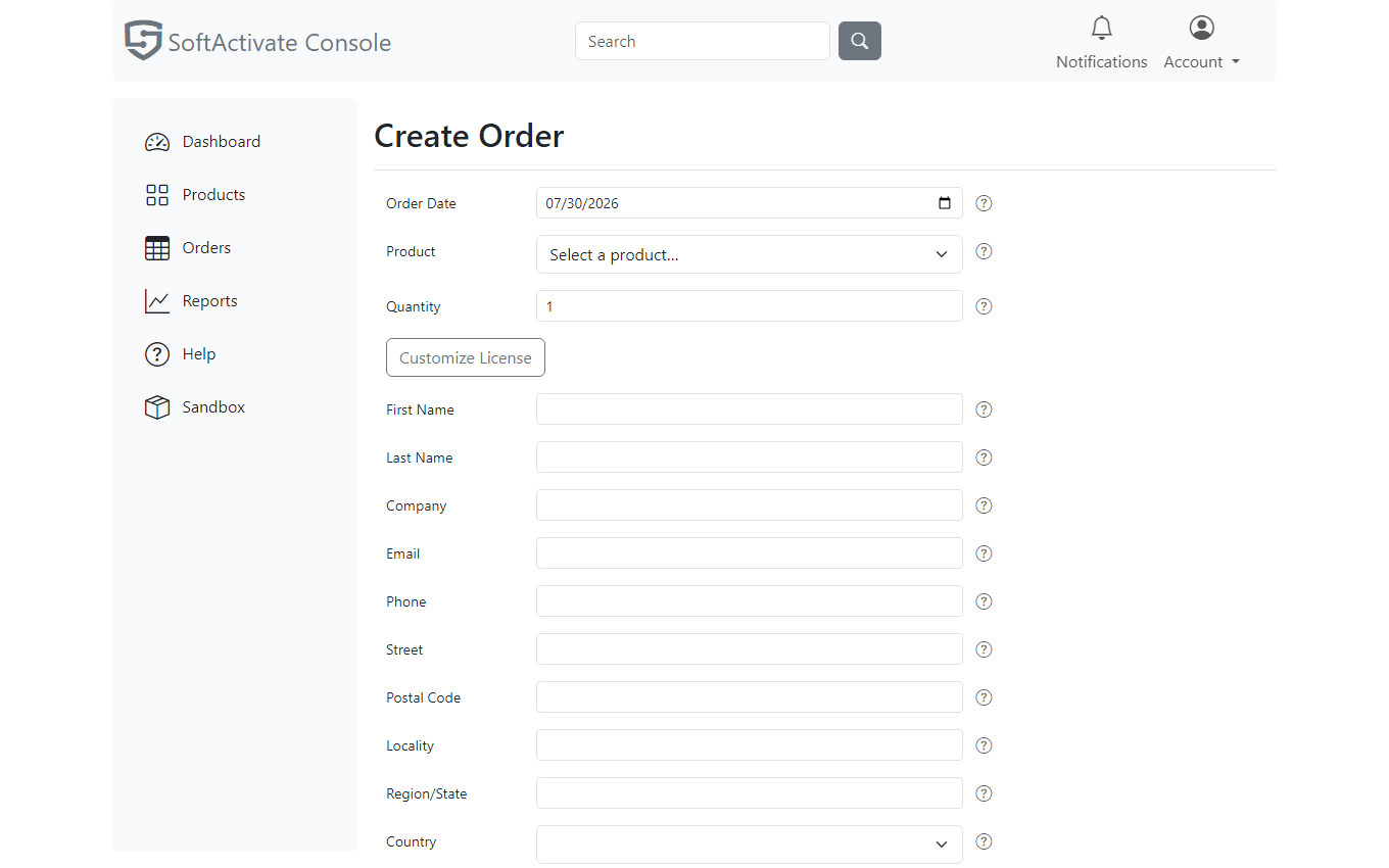 The order create form: product, quantity, customer, and the prefilled total