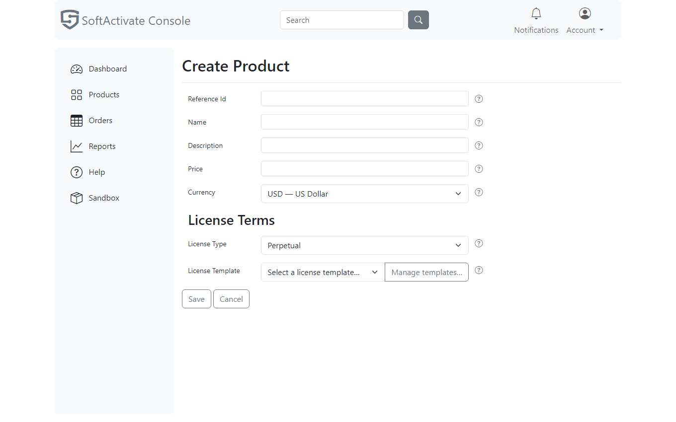 The product create form: commercial fields and the License Terms section